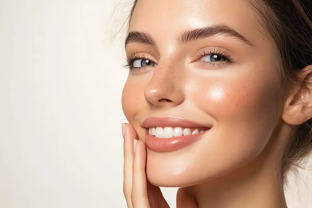 A closeup of a radiant woman with smooth, hydrated skin, gently touching her cheek while smiling