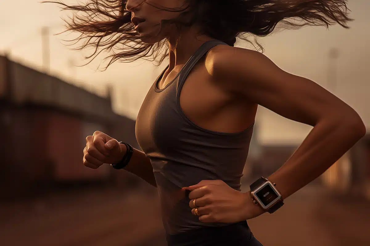 Closeup picture about a sporty style toned woman body who is jogging with smart watch and use other sport technology in sport top and short
