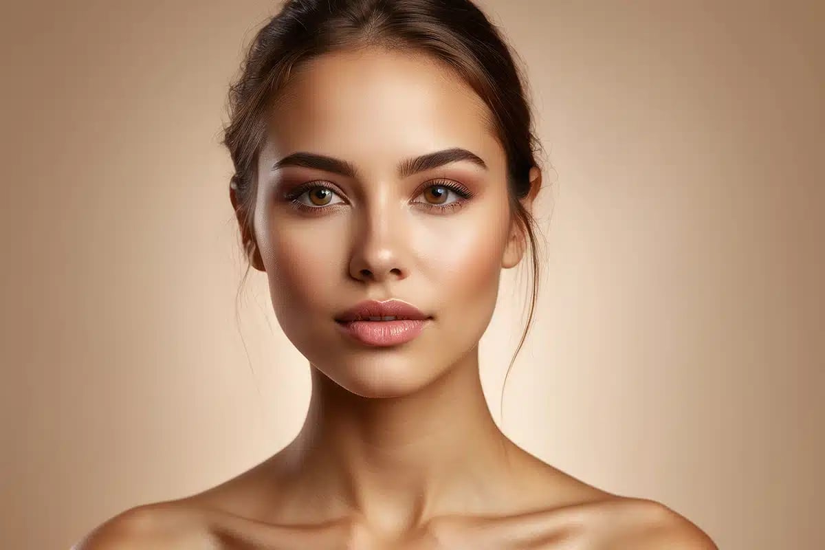 Close-up portrait of a woman with natural makeup and smooth skin