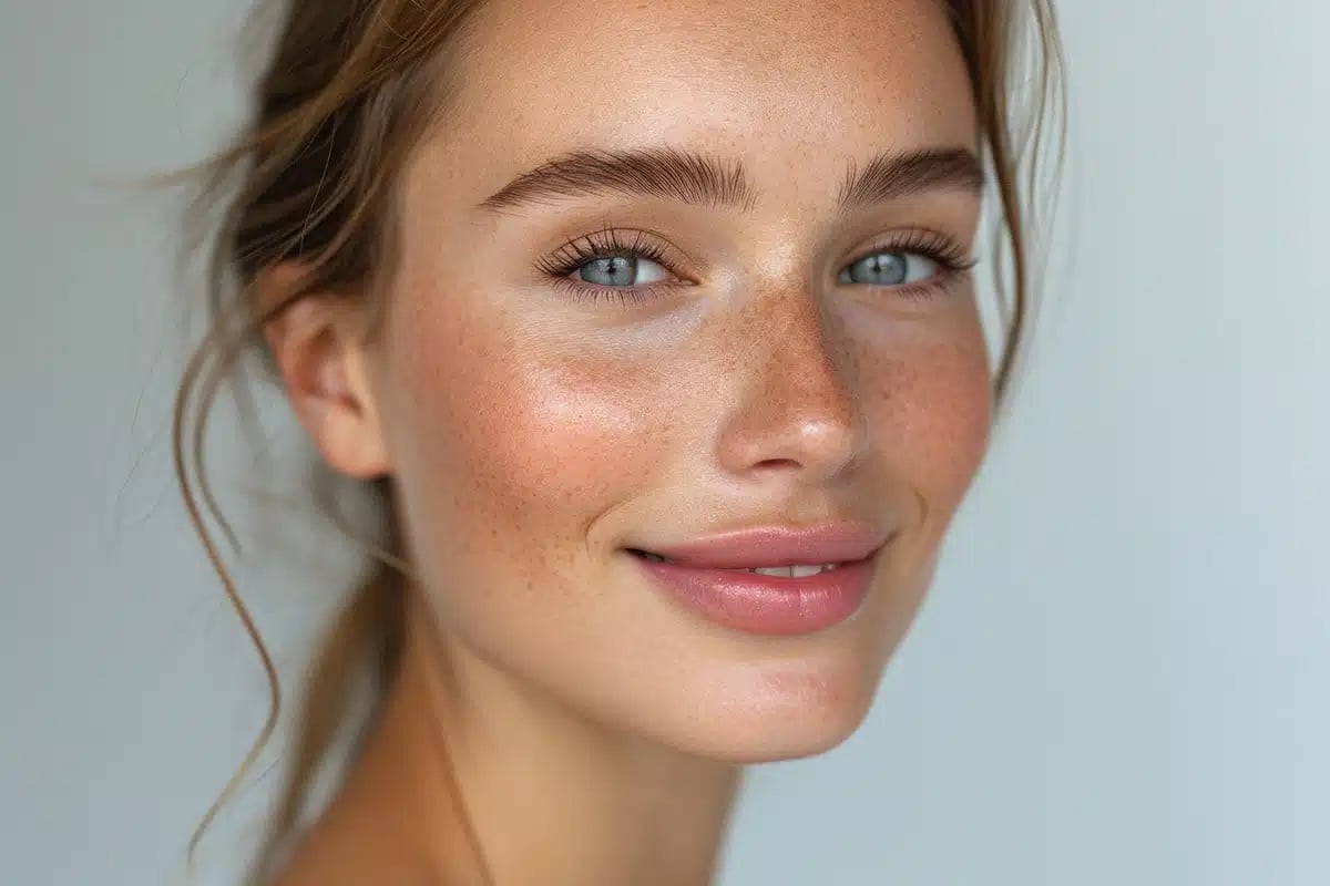Happy attractive confident young adult or mid aged European woman posing for beauty aesthetic portrait