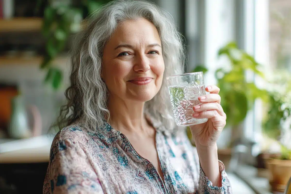 Happy healthy woman of middle age holding glass of clear water for body hydration