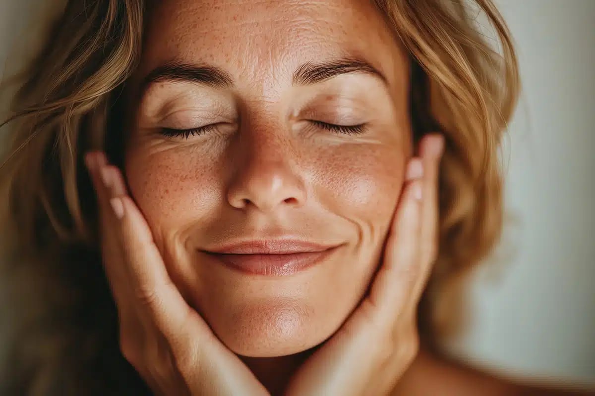 Middle-aged mature woman with eyes closed enjoying her age and glowing healthy skin aging gracefully