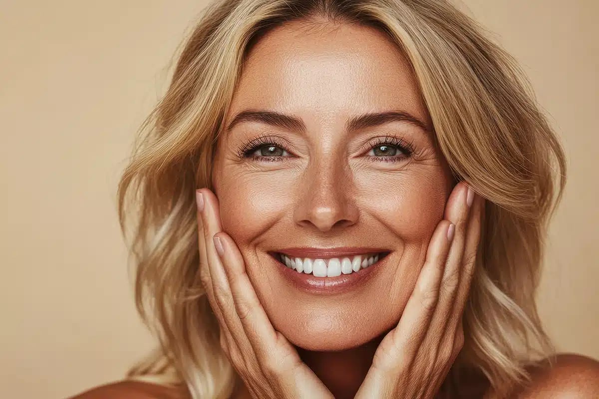 Smiling mature woman touching face
