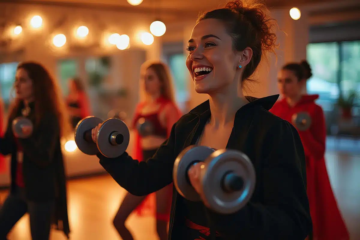 Smiling women enjoying holiday themed aerobics class lifting weights